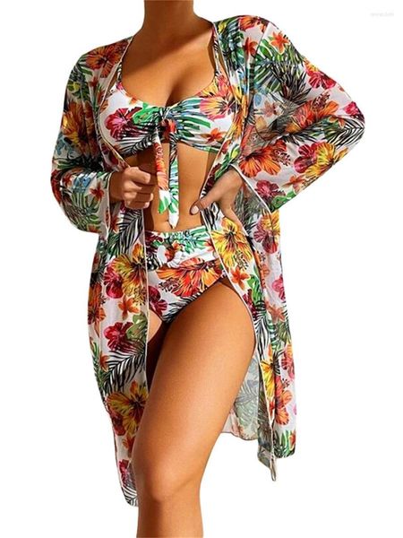 Traje de baño para mujer, Bikini de 3 piezas, traje de baño Floral con parte delantera abierta, cárdigan, sujetador acolchado, Tanga, ropa de playa, traje de baño