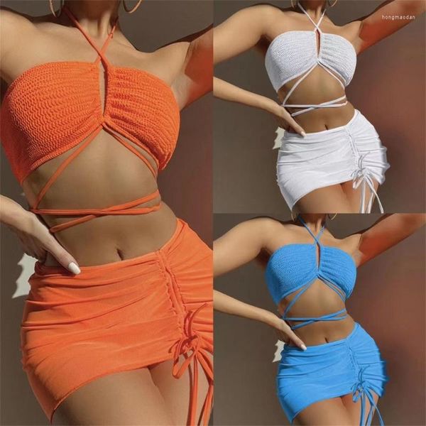 Traje de baño para mujer Traje de baño de 3 piezas para mujer Conjunto de bikinis con cuello halter Traje de baño con cordones sólidos con falda de playa para vacaciones tropicales Ins