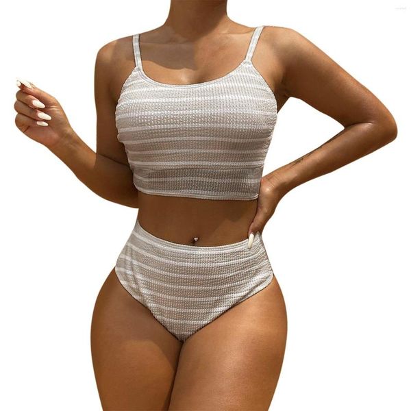 Traje de baño de mujer Traje de baño de 2 piezas para mujer Traje de baño ajustado a rayas sin espalda Bikini de alto estiramiento