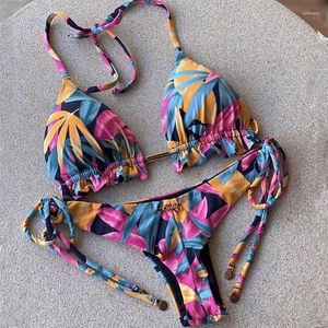 Dames badmode dames bloemenprint franje franje bikini set tweedelig halter driehoek tie side badpakken snaar string string dames baden