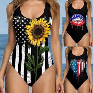 Dames Swimwear Dames Independence Day voor American Print Square Neck Open Back Hawaii Hoge Taille Gedekte strandkleding Solid zwempak