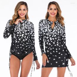 Zwemkleding voor dames Rash Guard-shirt met lange mouwen en slips UV-bescherming tegen de zon Beachwear Beach Cover Printed Swimming Suit Draw