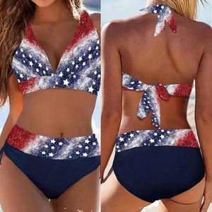 Maillot de bain pour femme Maillot de bain pour femme Drapeau national Imprimé Cravates Halter Neck Split Bikini Back Cordon Ensemble