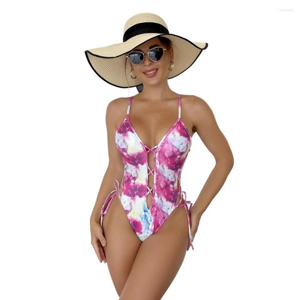 Traje de baño para mujer Sexy estampado colorido de una pieza Deep Plunge cuello en V Bikini traje de baño espalda descubierta lateral ahueca hacia fuera el mono con cordones