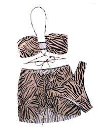 Maillots de bain pour femmes Femmes Acute S Summer 3PCS Bikini Ensembles sans manches suspendus cou cravate soutien-gorge imprimé léopard jupe string