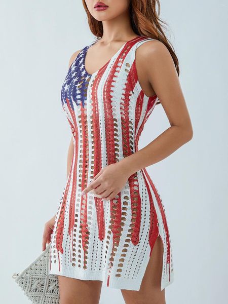 Traje de baño para mujer Mujeres Bandera americana Hollow Out Slit Crochet Cover Up Sin mangas Vestido sin mangas 4 de julio Vestidos Patriótico