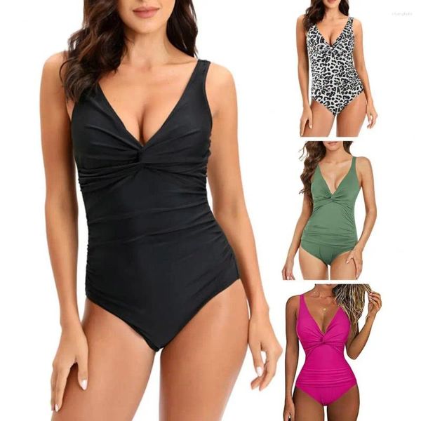 Maillots de bain pour femmes Femmes Beach Monokini Col V profond Coupe basse Couleur unie Sans manches Rembourré Natation sans fil Plissé Lady Maillot de bain Eau