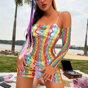 Dames badmode dames strand dragen bikini cover ups regenboog hol uit mesh jurk transparante visnet tank tops zwempak zomer feest bodysuit y230311