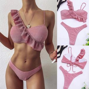 Maillots de bain pour femmes Maillots de bain pour femmes Maillot de bain Bikini Deux pièces Une épaule Solide Short à volants Coloré