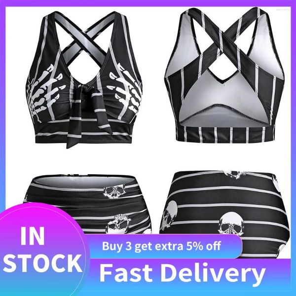 Traje de baño para mujer Conjunto de bikini para mujer Push-up acolchado gótico cráneo estampado a rayas recortado casual tankini ropa de playa traje de baño