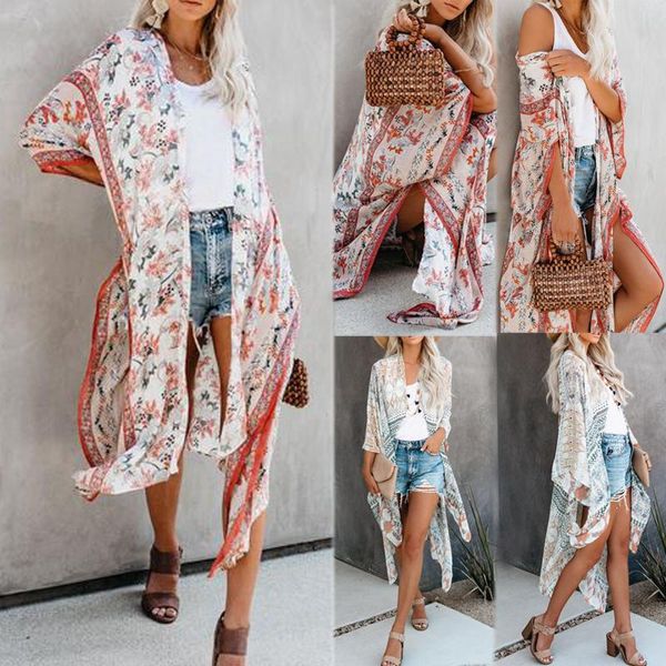 Traje de baño para mujer Mujeres Boho Floral Impreso Cárdigan largo Mantón suelto Kimono Blusa de gasa Tops Bohemio Playa Cubrir Camisa Casual Outwear