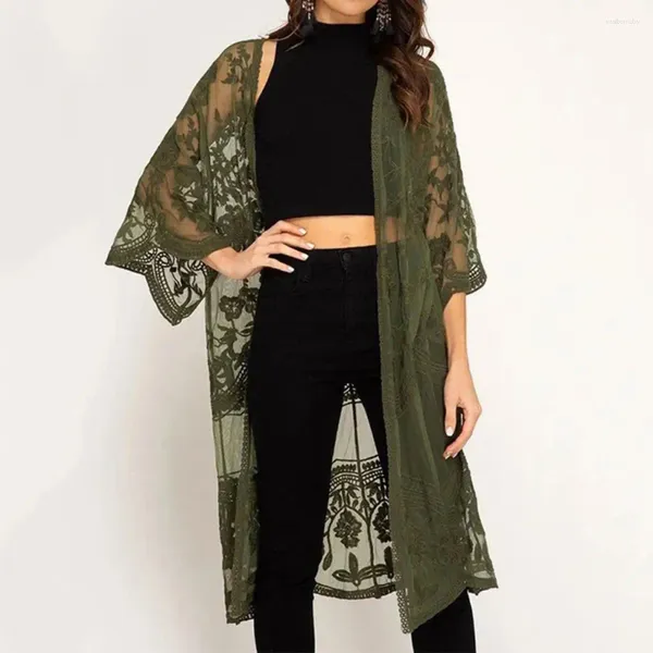 Traje de baño para mujer Mujeres Cardigan Protección solar Bikin Cover-Ups Lace Bordado Sheer Loose-Fit Beach Cover-up o Camisa de vacaciones