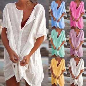Maillots de bain pour femmes femmes coton couvrir décontracté lâche chemise à manches courtes 2023 Boho maillots de bain été solide blanc robes de plage longue blouse