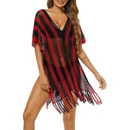 Dames badmode vrouwen dekmantel strandjurk met kwast gestreept los mesh pure diep v nek badkleding badkleding badkleding strandkleding cover-up top