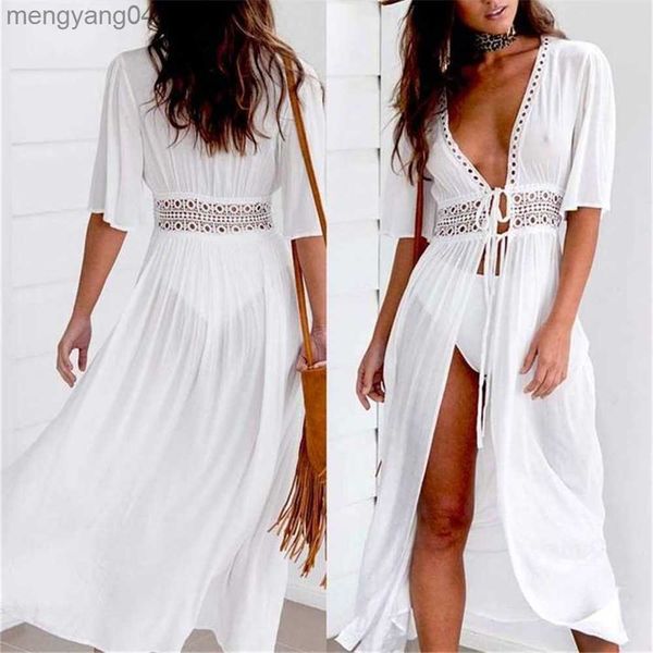 Maillots de bain pour femmes Femmes Crochet Beach Dress Solid White Lace Beachwear Vêtements de protection solaire Maillots de bain tricotés Femmes Long Pareo Beach Cover Up T230505