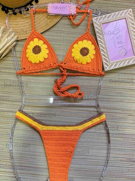 Traje de baño para mujer Conjuntos de bikini de ganchillo para mujer Traje de baño de flores sexy para mujer Traje de baño ajustable con cordones Top Traje de baño de color naranja y azul Ropa de playa Boho T230417