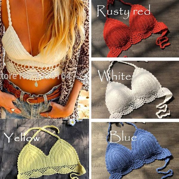 Maillots de bain pour femmes Femmes Crochet Dentelle Bralette Tricot Bra Beach Bikini Halter Cami Débardeur Crop Top Printemps Split Maillot De Bain Couleur Unie