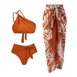 Swimons pour femmes Bikini Floral Bikini fixer une épaule deux pièces avec Sarong Cover Ups Pareo Designer Bathing Summer Holiday Luxury Costume