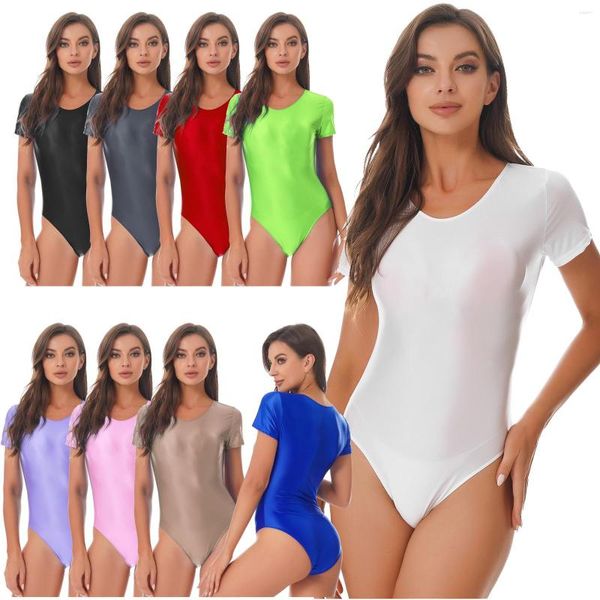 Maillot de bain femme brillant solide à manches courtes maillot de bain une pièce Sport gymnastique musculation entraînement athlétique body combinaison