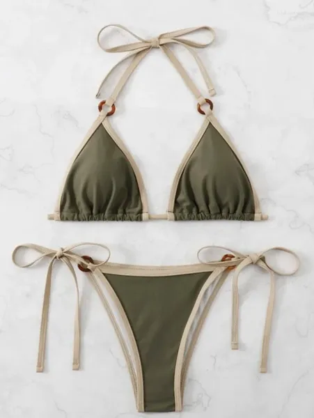 Swimwear de mujeres Halter Verde Halter Micro Ring String Bikini Sets Dos piezas Tada de tono Traje de baño Traje de baño Bíqui