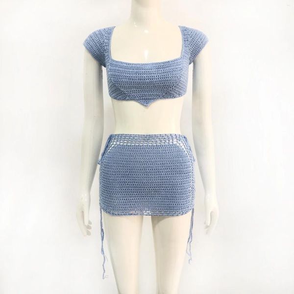 Traje de baño para mujer Mujeres hechas a mano de ganchillo Mini falda Hilo brillante con cordones Bikini Cubrir para arriba Pajarita Pajarita Ropa de playa Blusa Ahueca hacia fuera Faldas de jarrón