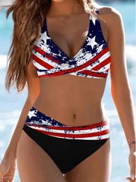 Dames zwemkleding vrouwen hoge taille bikini set halter nek veter tweedelig zwempak draai aan de voorkant badpak American Flag star print