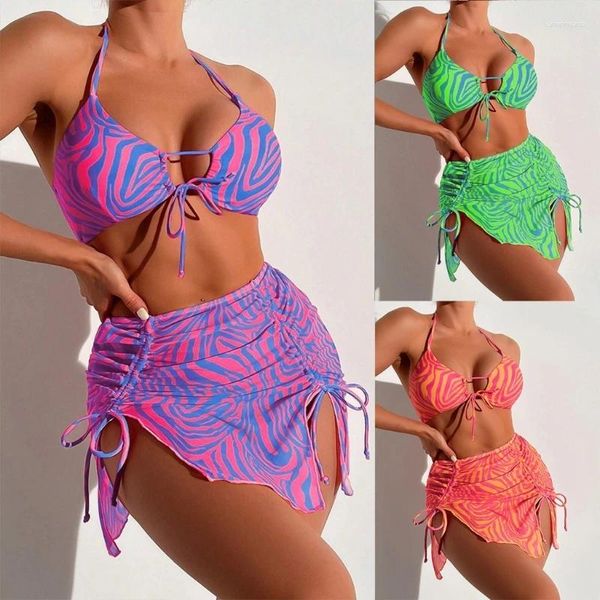 Swimwear féminin Femmes Hollow Out Swimsuits Fashion Stripe Print Swimswears Femme Halters Suite de baignade Fille 3 pièces Split Bathing