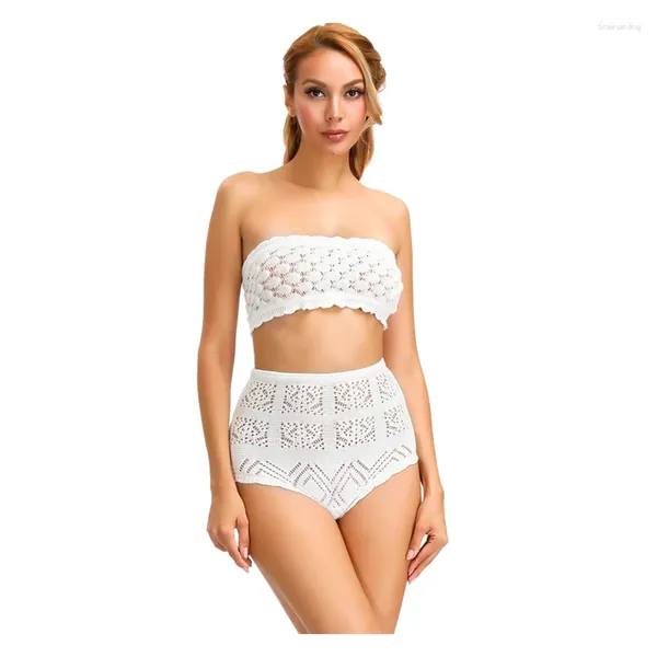 Traje de baño para mujer Mujeres Kinitting Crochet Bikini Sets Traje de baño para niñas Ropa de playa Crop Top con cintura alta Tela de poliéster inferior