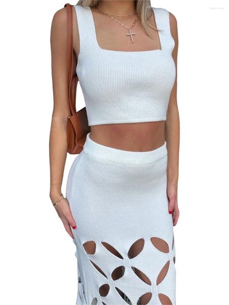 Traje de baño para mujer Mujeres de punto Conjuntos de 2 piezas Slim Tank Top y recorte Falda de cintura alta elástica Trajes de playa de verano Streetwear