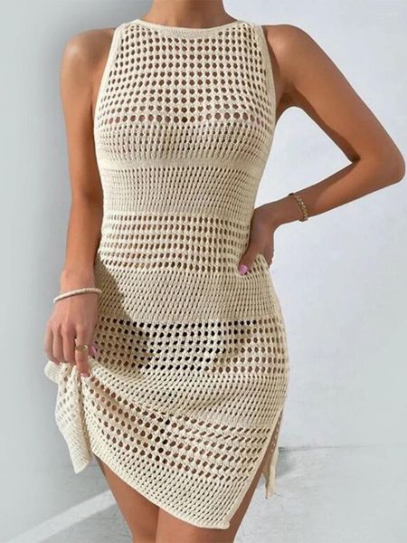 Traje de baño para mujer Mujeres de punto Crochet Túnica Playa Cubrir Sexy Ver a través de Hollow-Out Cuello redondo Vestido de bikini sin mangas