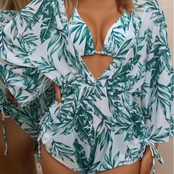 Traje de baño de mujer, traje de baño de hoja para mujer, Bikinis sexy con malla de manga larga, traje de playa, conjunto de Bikini de 3 piezas, ropa de playa estampada