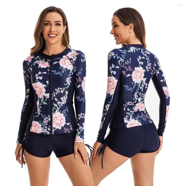 Traje de baño para mujer, manga larga, 2 uds., protector contra sarpullidos, protección solar UV, traje de baño con cremallera frontal, camisa/pantalones cortos, estampado, surf, natación, tops, partes inferiores