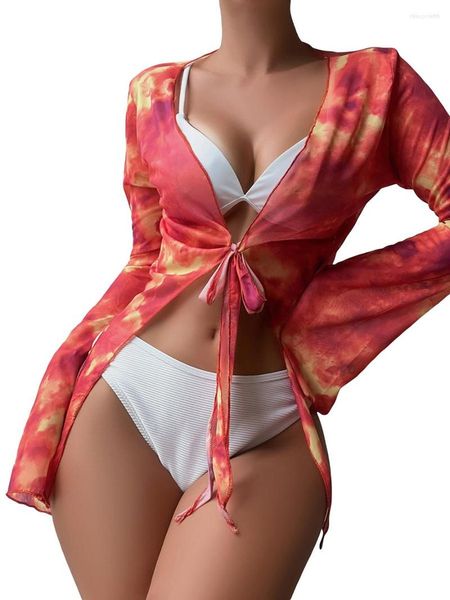 Traje de baño de manga larga para mujer, cárdigan tipo pareo para playa, traje de baño con lazo en la parte delantera, traje de baño de verano con estampado Tie-Dye, ropa de playa