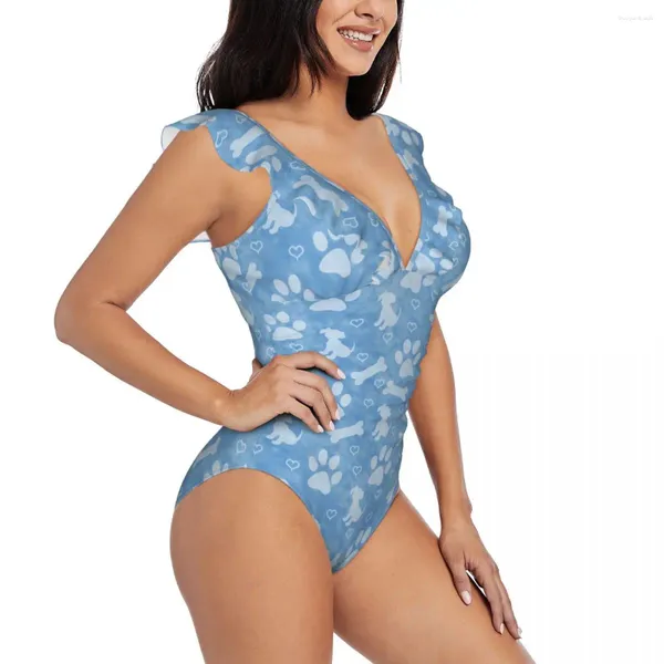 Swimwear féminin Femmes One Piece Swimsuit Blue Paws Bones and Hearts Female Bikinis Push Up Up Monokini Sexy Sexy Ruffle Bathing Full