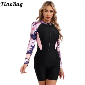 Dames zwemkleding vrouwen één stuk UPF 50 uitslag bewaker bloemenprint atletisch zwempak met lange mouwen ritssluiting strand surfen wetsuit badpak