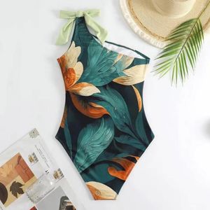 Dames Zwemkleding Dames Eén-schouderbadpak Bloemenprint Monokini-rok met hoge taille Ruches Detail Eén-schouder Ontwerp Draadloos Voor