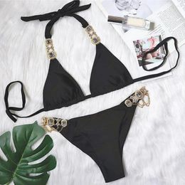 Damesbadmode Damesoutfit Bronzing slangenprint bikiniset met strassketting Halter Push-up badpak voor Braziliaans