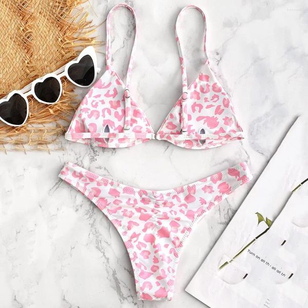 Swimwear féminin Femmes Pink Leopard Bikini Set Push-Up Bra Beach Swimsuit Sexy Micro Open Back Triangle pour