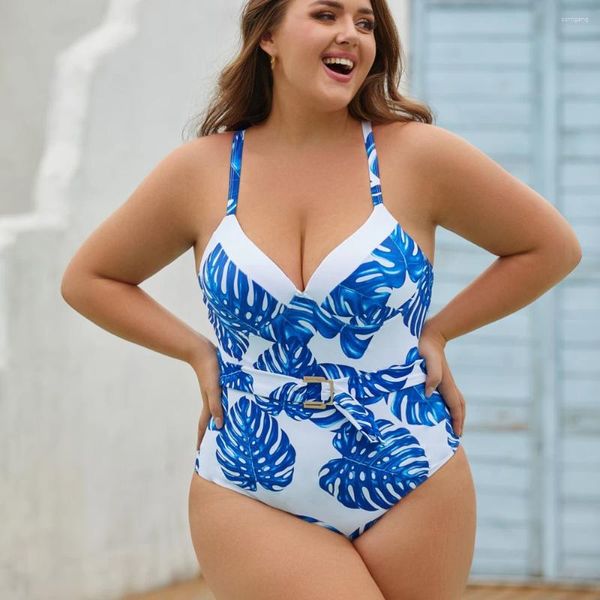 Swimwear féminin Femmes plus taille blanche avec feuilles bleues MAINTRAINE IMPRESSIONNEMENT