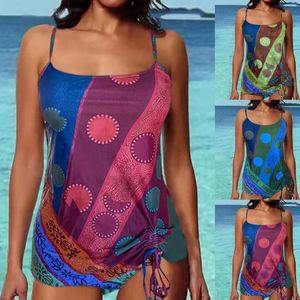 Traje de baño para mujer Mujeres Imprimir Correa U Cuello Boho Tankinis Ladies Swim Shorts Trajes de baño deportivos largos para con cremallera en la espalda