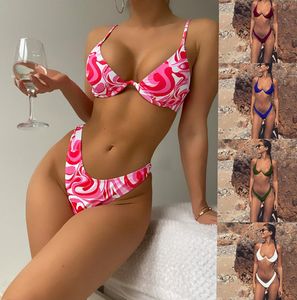 Dames zwemkleding vrouwen print string bikini bandeau massieve kleur underwire push up tweedelige 2022 strandkleding uitsparingen vrouwelijke badwomen's