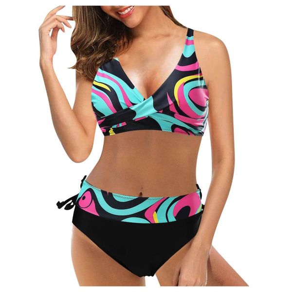 Traje de baño para mujer Mujeres Push Up Sujetador acolchado Bikini Set Vintage Traje de baño Dos piezas Retro Halter Ruched Cintura alta Impresión Traje de baño Playa