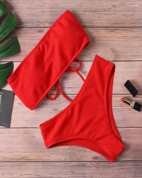 Traje de baño de mujer Traje de baño de 2 piezas para mujer Bikini sexy Trajes de baño Sin tirantes Negro Rojo Amarillo Cintura alta Ropa de playa Bandeau Rosa Sólido