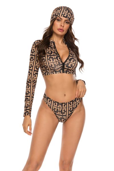 Traje de baño para mujer Conjunto de 3 piezas para mujer Bikini Traje de baño Push Up Traje de baño Ropa de playa de manga larga Bikini con patrón de cebra de leopardo brasileño 230608