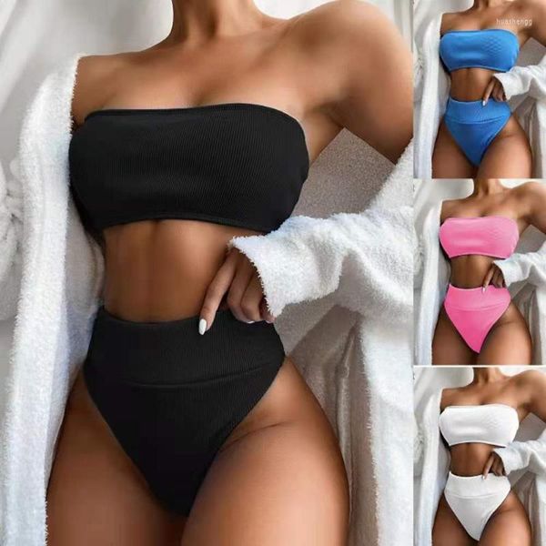 Maillots de bain femme noir blanc taille haute Bikinis femme String Biquini mode maillot de bain femme plage porter nager Bandeau Push Up