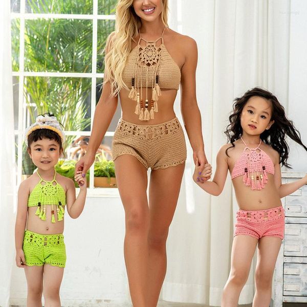 Traje de baño para mujer, bonito traje de baño para niñas pequeñas, conjunto de Bikini dividido de ganchillo con borlas, ropa de playa para niños con cuello Halter, traje de baño