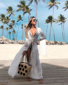 Maillots de bain femme Melphieer 2022 coton blanc Robe de plage longue couverture femme Bikini tunique paréos Robe Plage tenue de plage