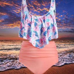 Roupa de banho feminina push up rosa floral tamanho grande tanquíni cintura alta com controle de barriga 2 peças conjunto de maiô de praia doce 230803