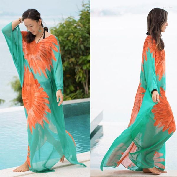 Traje de baño para mujer Vestido de playa Boho con estampado de girasol para mujer Tallas grandes Bikini de gasa Cubrir Kaftan Vestidos maxi de verano Mujeres Batwing