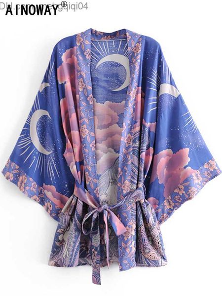 Maillots de bain pour femmes Maillots de bain pour femmes Boho Vintage Star and Moon Floral Print Ceintures Femmes Bohème Col en V Manches Chauve-Souris Happie Robe Courte Kimono Robe Cover-ups Z230704